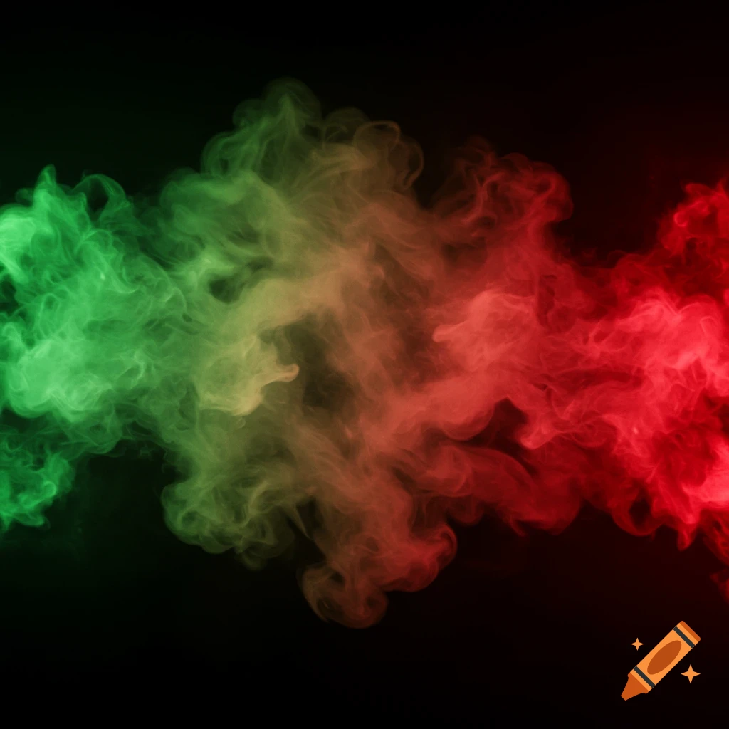 Abstract green and red smoke plume on a black background.