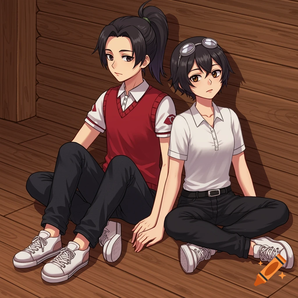 Anime drawing of two characters sitting on a wooden floor and holding hands.