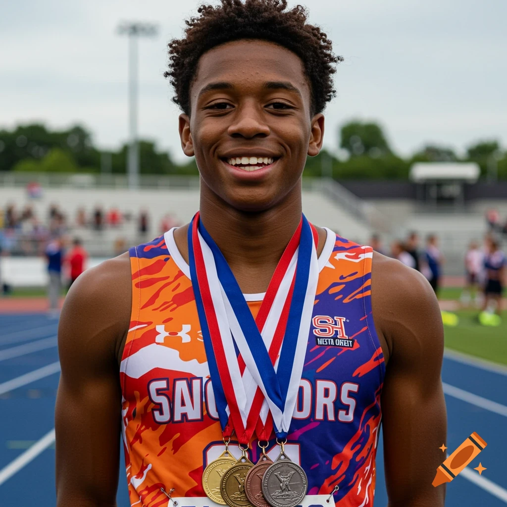 A young male track athlete wearing a vibrant orange and purple jersey smiles proudly, displaying multiple medals on a track.