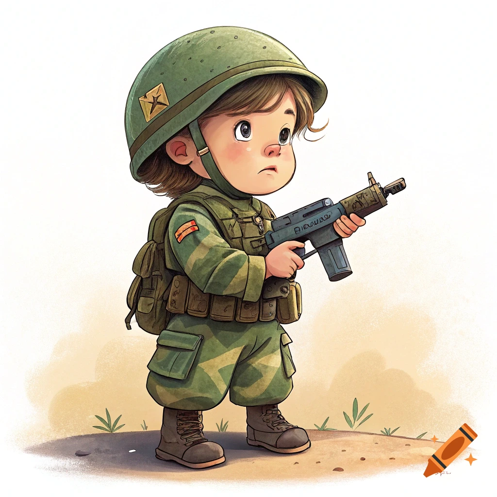 Cartoon illustration of a young child dressed as a soldier holding a rifle.
