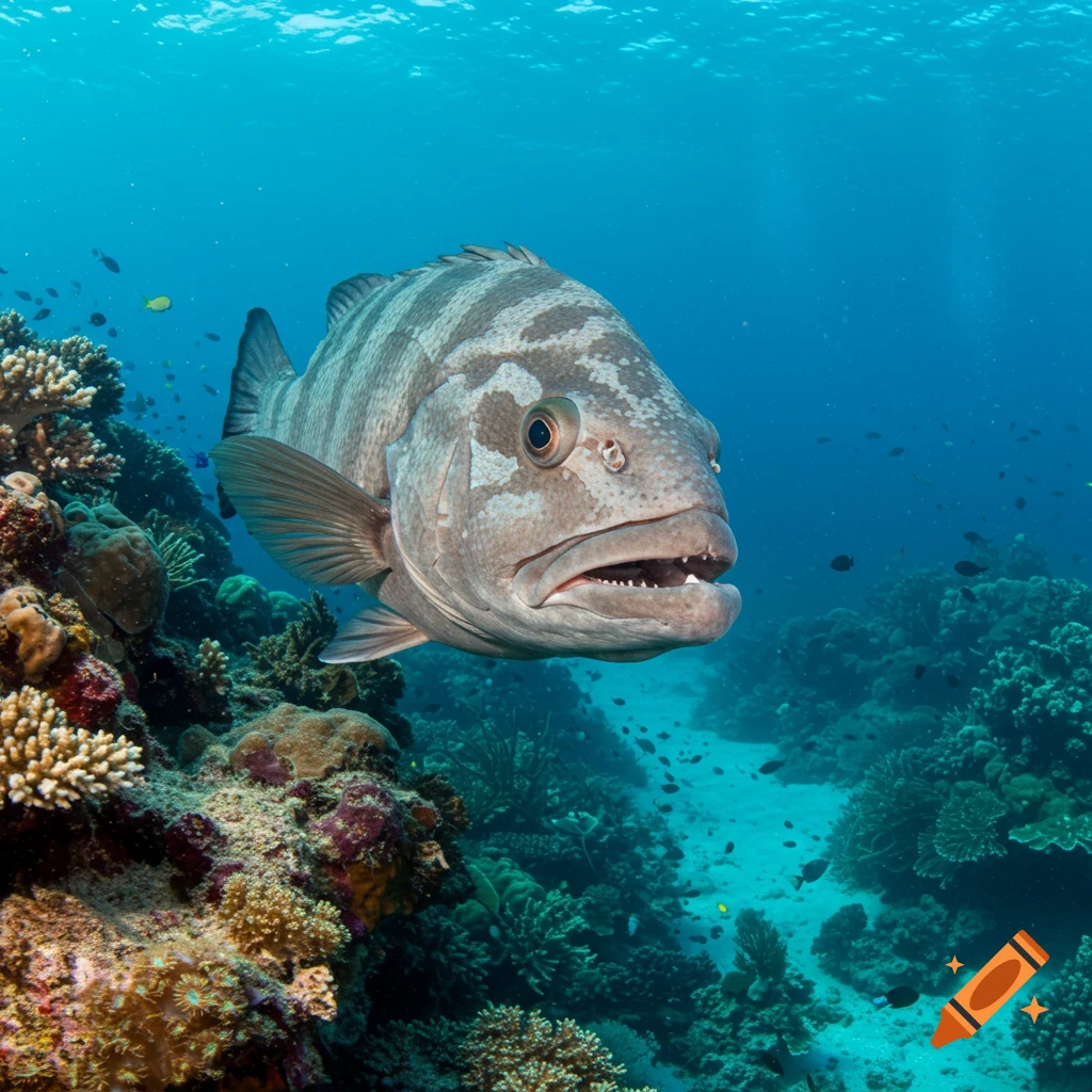 A large patterned fish swims near a coral reef underwater in a photorealistic style.