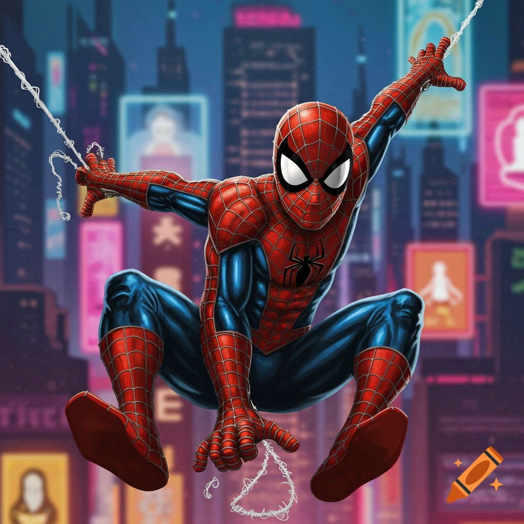 A vibrant depiction of Spider-Man in mid-swing against a backdrop of a sprawling cityscape illuminated by the night.