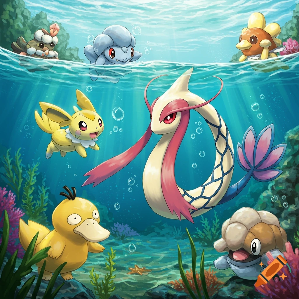 Several Pokemon swimming underwater, including Milotic, Pikachu, Psyduck, and others.