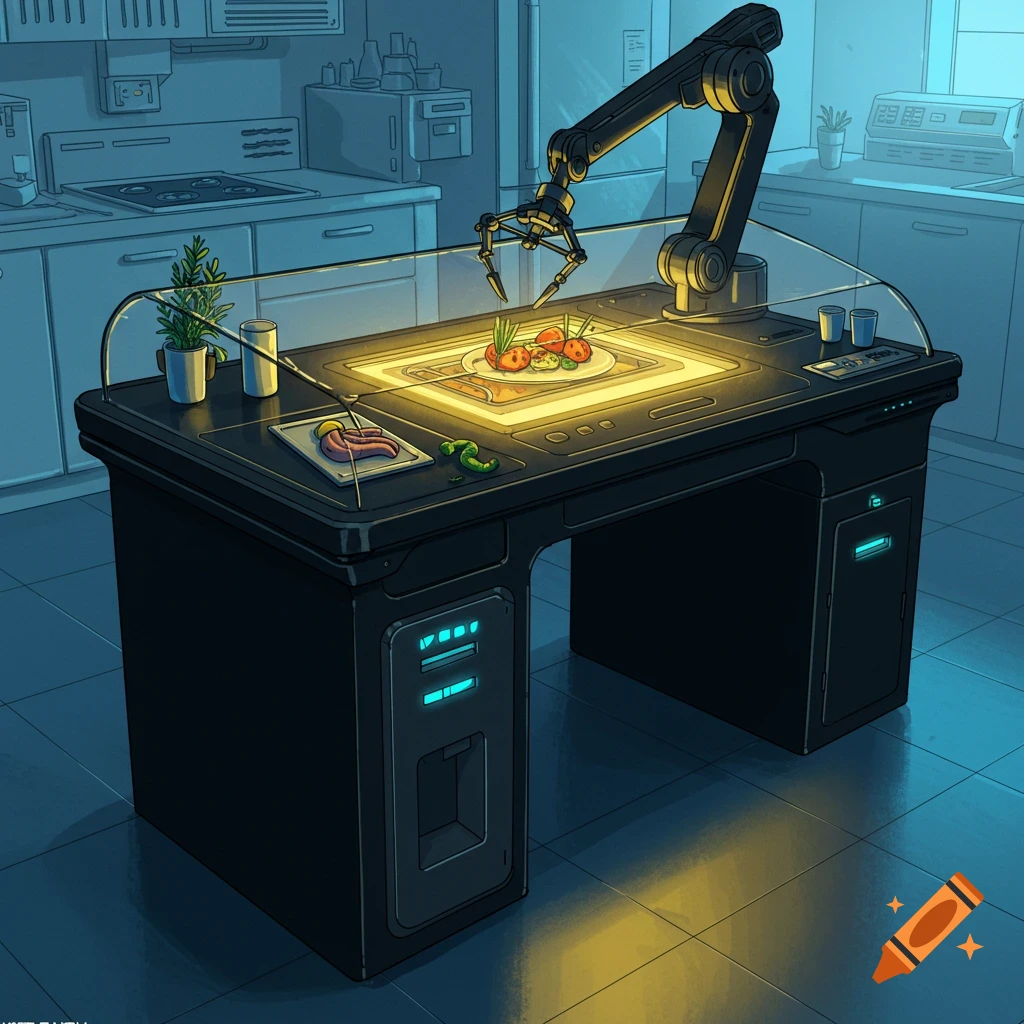 A futuristic kitchen desk with a robotic arm cooking food.