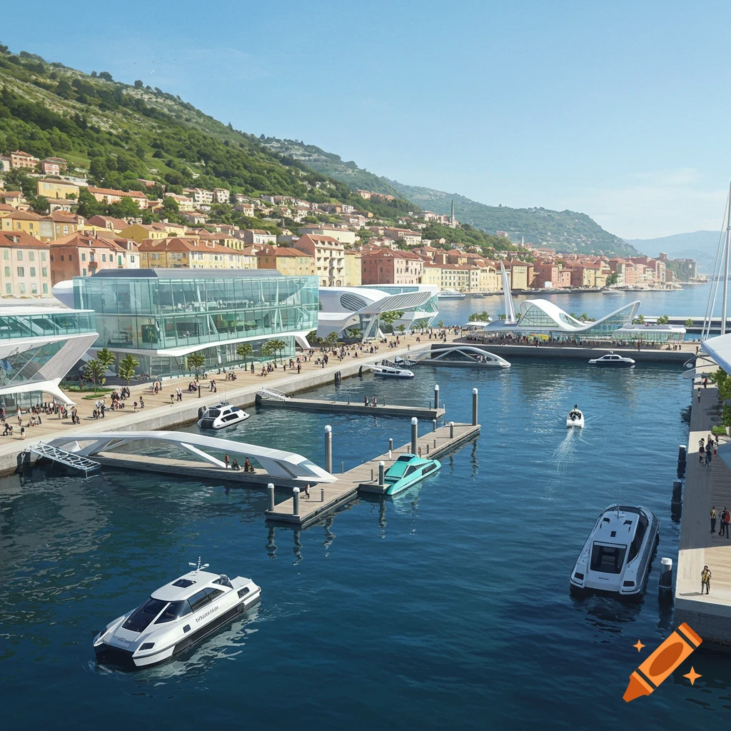 a futuristic harbor with modern buildings and sleek boats, a town on a hillside in the background.
