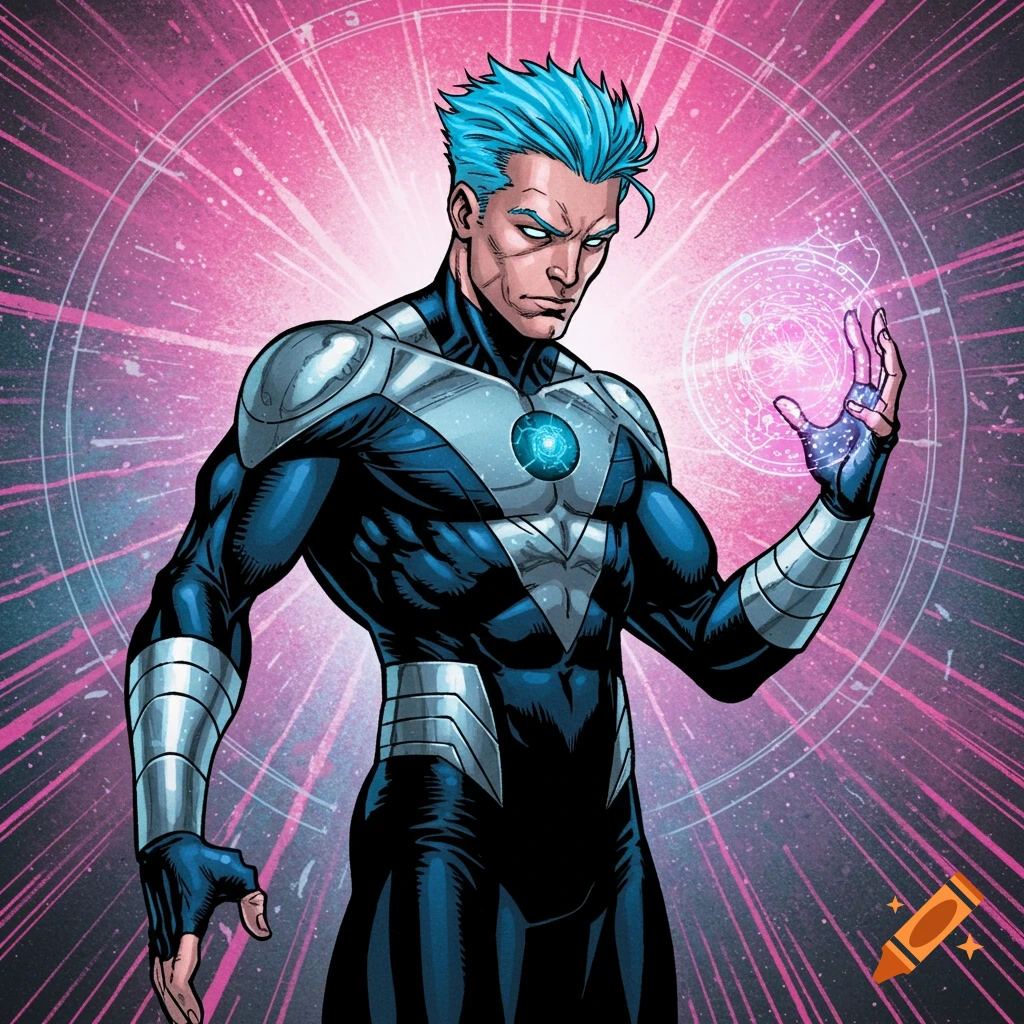 Comic art portrait of a male superhero with blue hair in a blue and silver suit, holding a glowing hand.