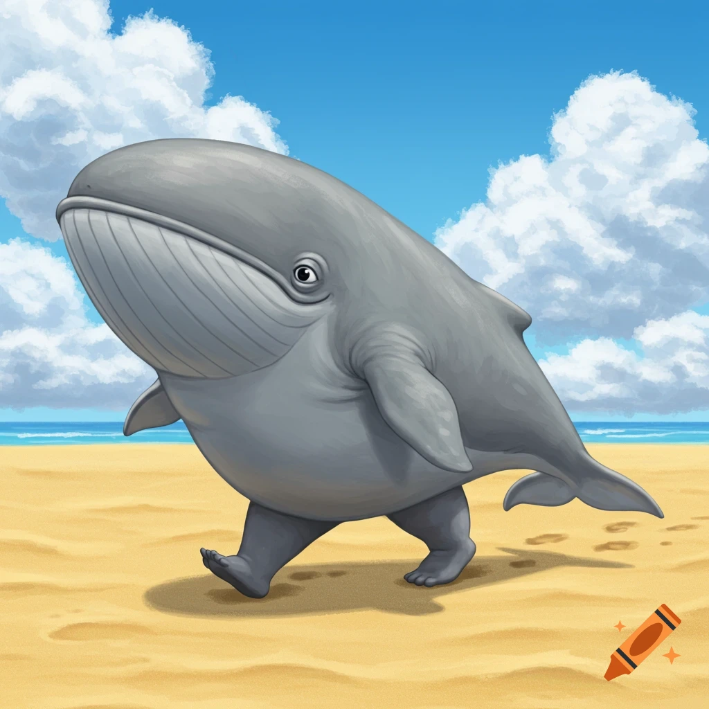 A whale with human legs and arms walking on a beach.
