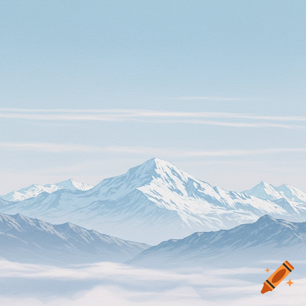 Snow-capped mountains rise above fog under a light blue sky.