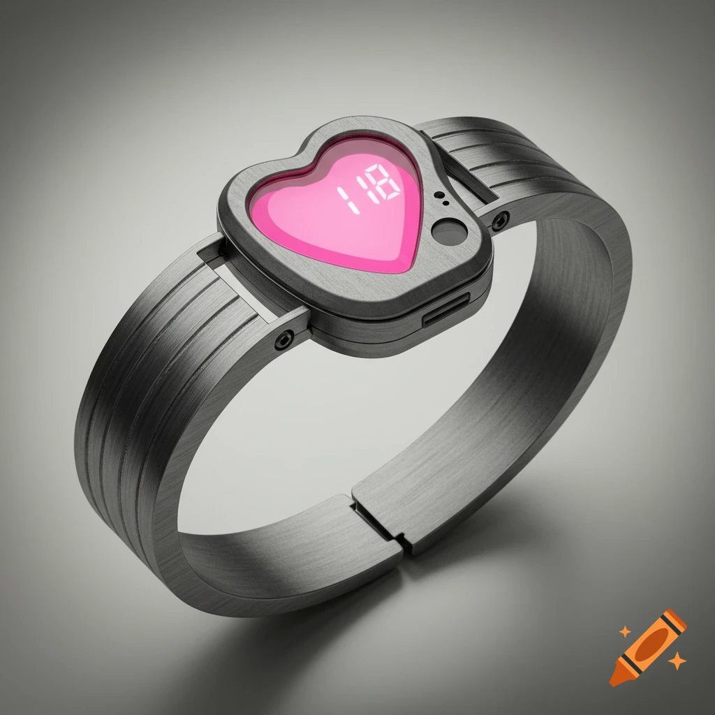 Photorealistic render of a metal bracelet with a pink digital heart display showing '118'