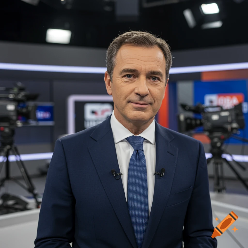 A man in a suit stands in a TV studio.