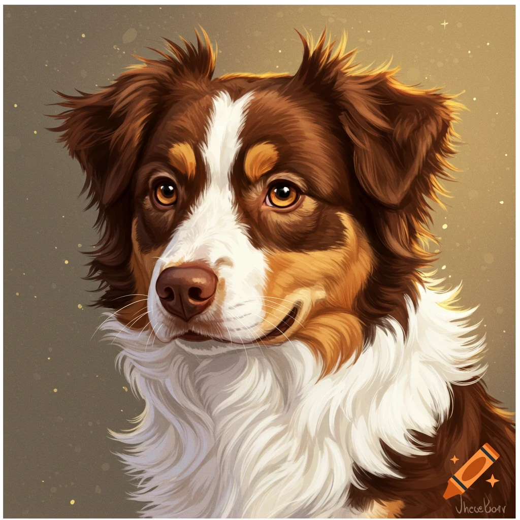 Portrait of a brown, white, and tan Australian Shepherd mix dog with bright orange eyes.