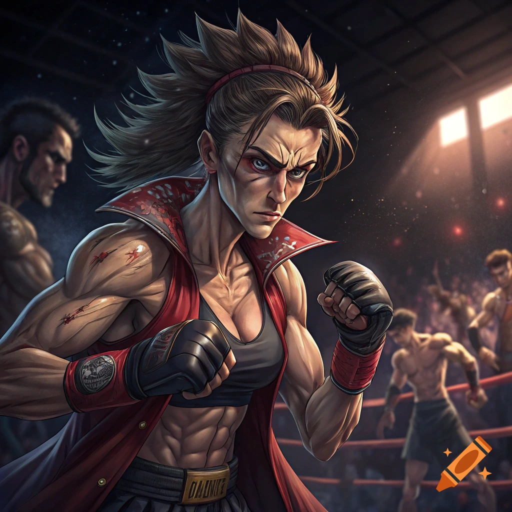Stylized portrait of a muscular female fighter in a boxing ring.