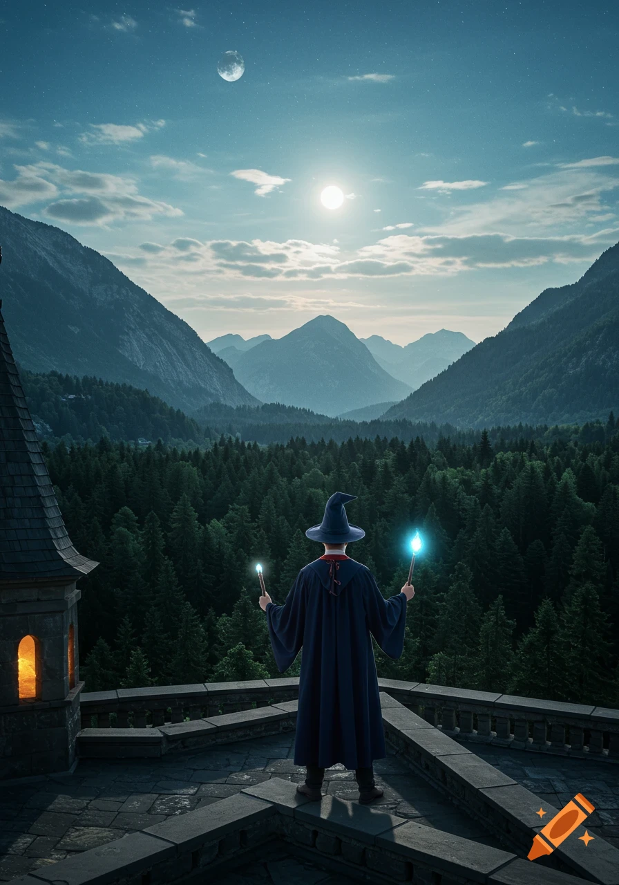 A wizard stands on a tower overlooking a forest and mountains under a moonlit sky.