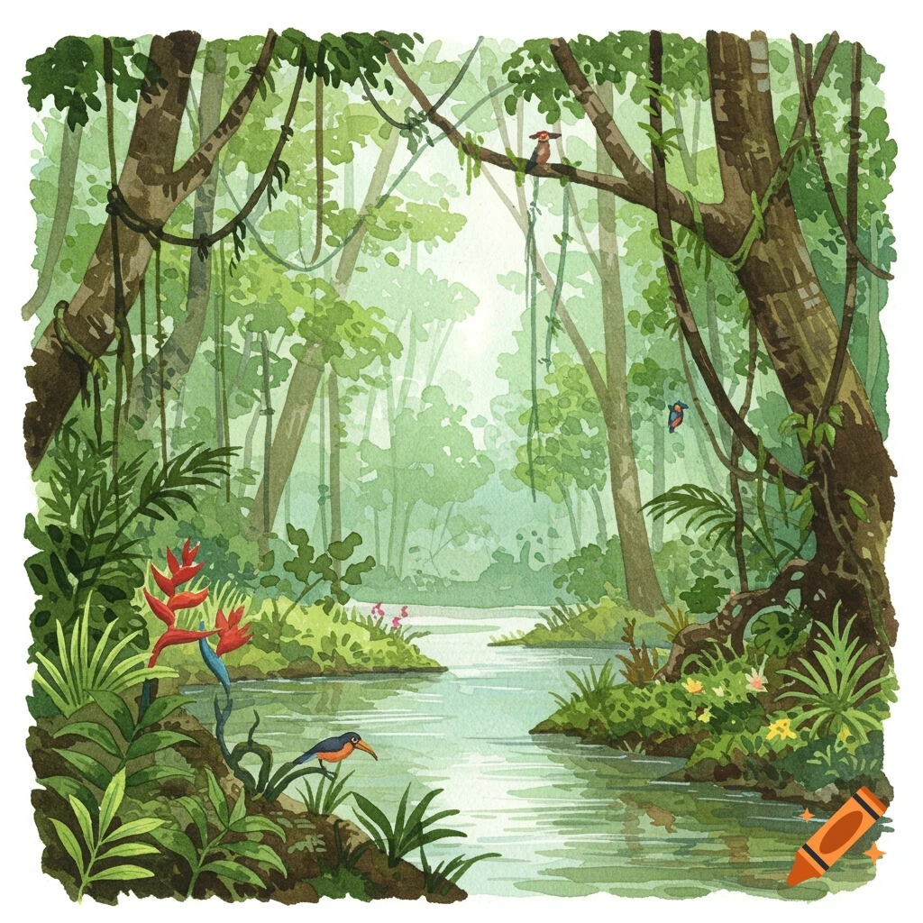 Watercolor illustration of a jungle river with trees, vines, tropical plants, and birds.