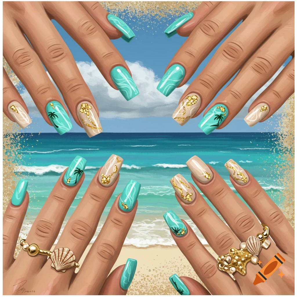 Hands displaying detailed beach-themed nail art over an ocean and beach background.