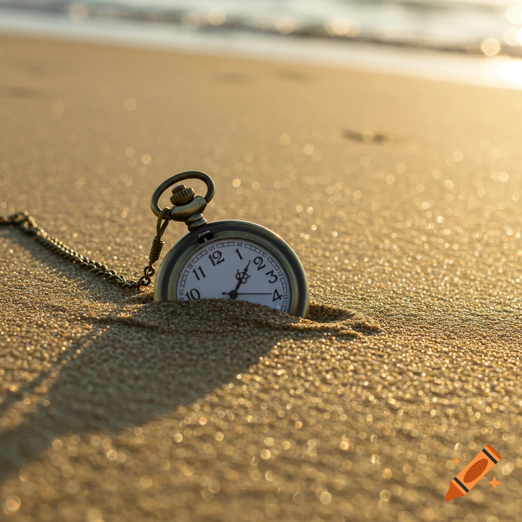 A close-up photo of a pocket watch partially buried in wet sand on a beach at sunset.
