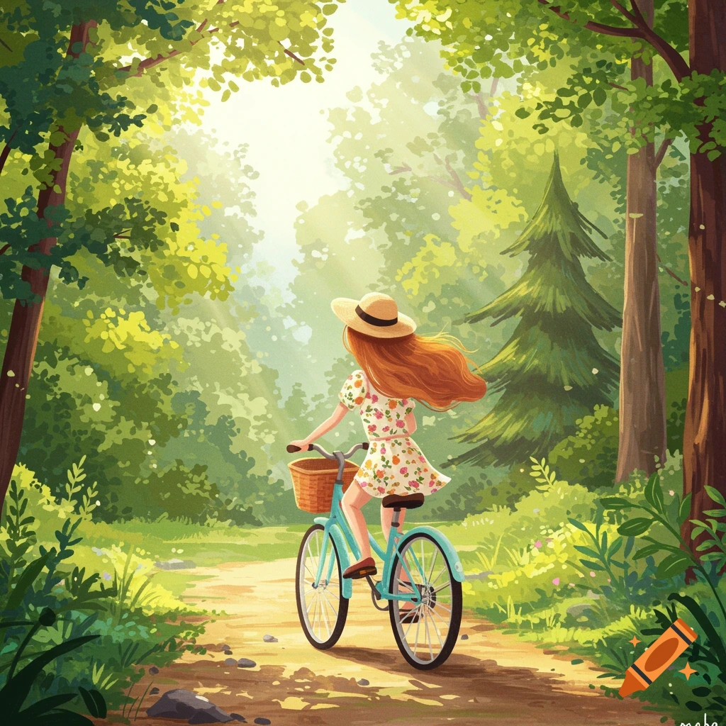A girl rides a bicycle on a sun-dappled forest path.