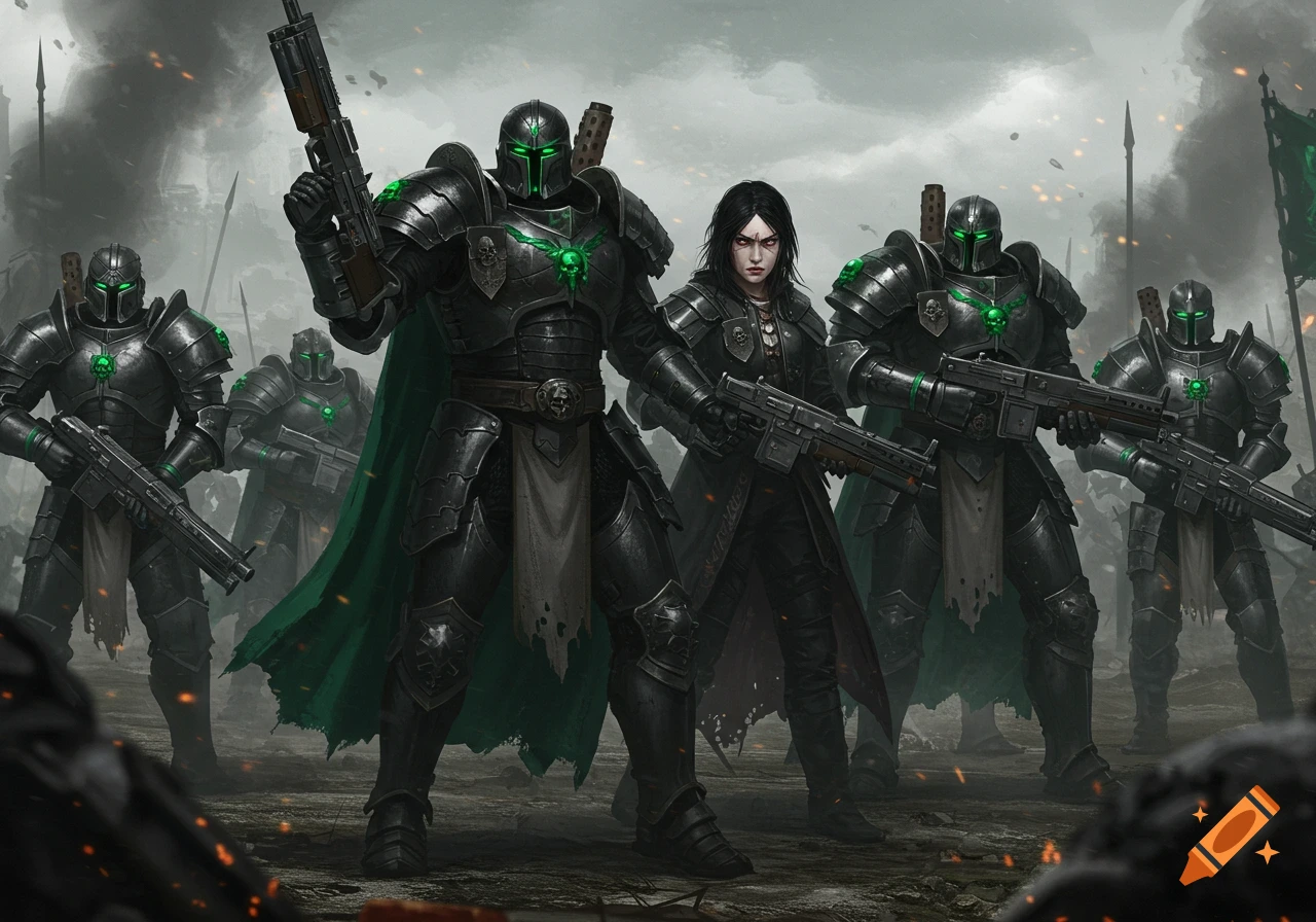 Cinematic image of gun knights in black armor with green accents and a woman on a battlefield.