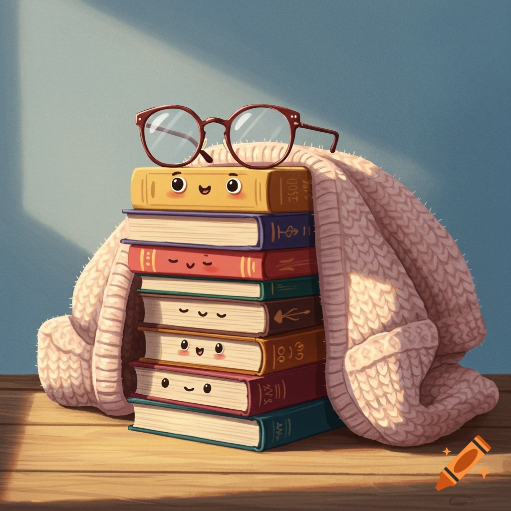 A stack of cute anthropomorphized books wearing glasses and wrapped in a blanket.