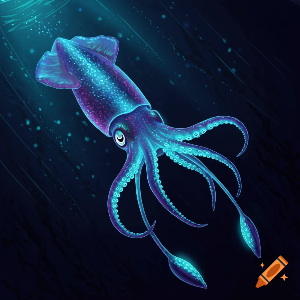 A bioluminescent squid swimming in deep water.