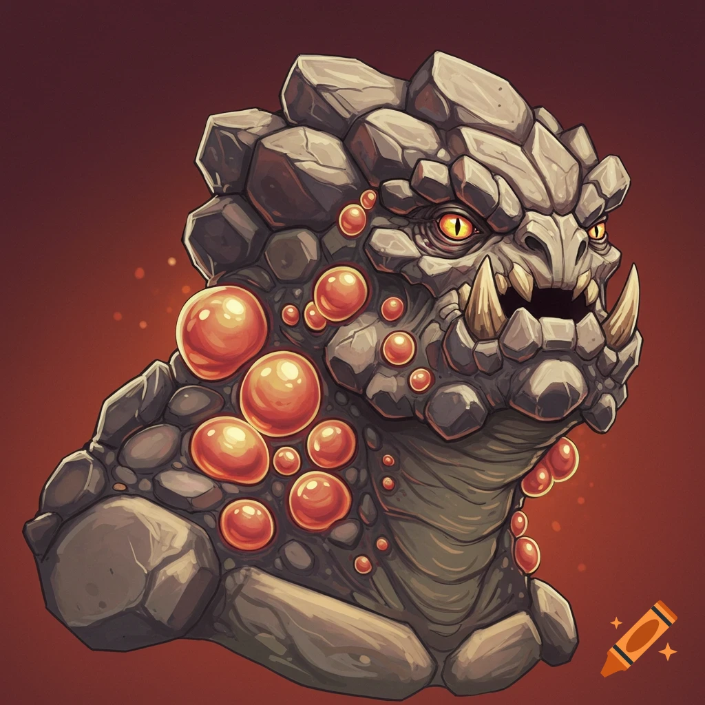 A rock creature with blisters and glowing eyes on a red background.