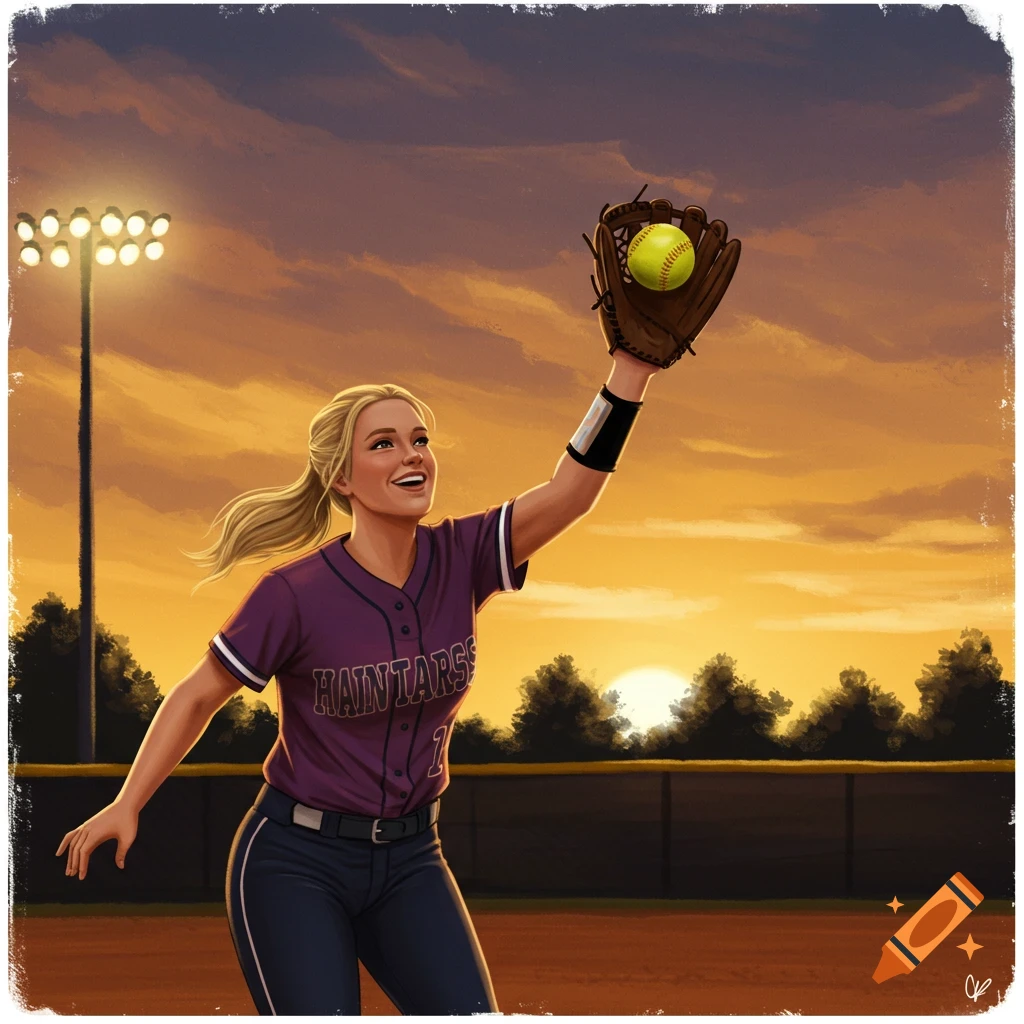 A blonde softball player in a purple jersey catches a ball during a sunset.