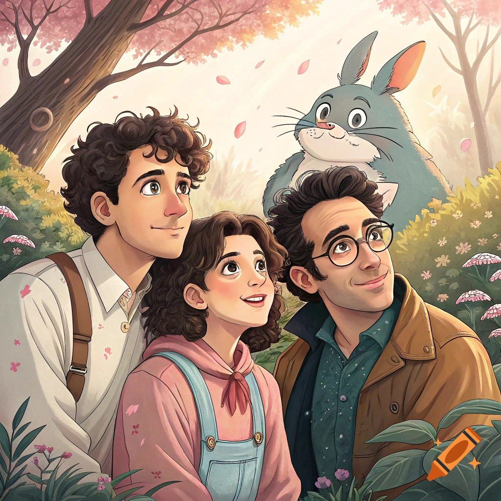 Cartoon illustration of three people and a giant rabbit looking up in a forest.