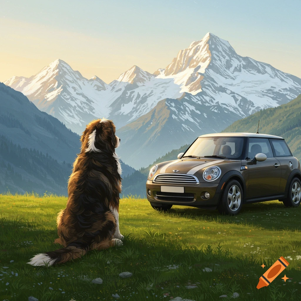 A large fluffy dog sits looking away at snow-capped mountains next to a brown Mini Cooper in a grassy field.