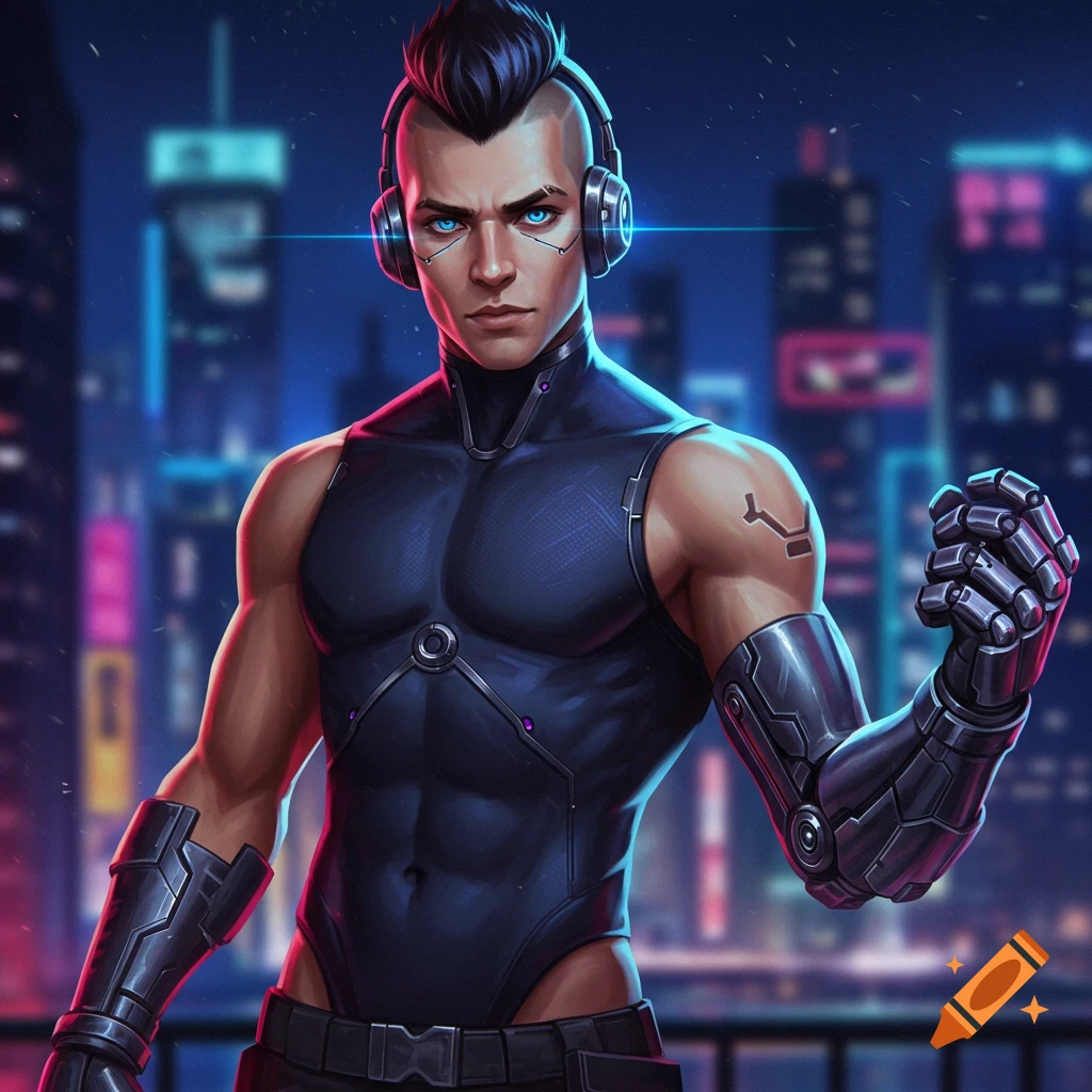 A man with a cybernetic arm and headphones stands against a futuristic city skyline.