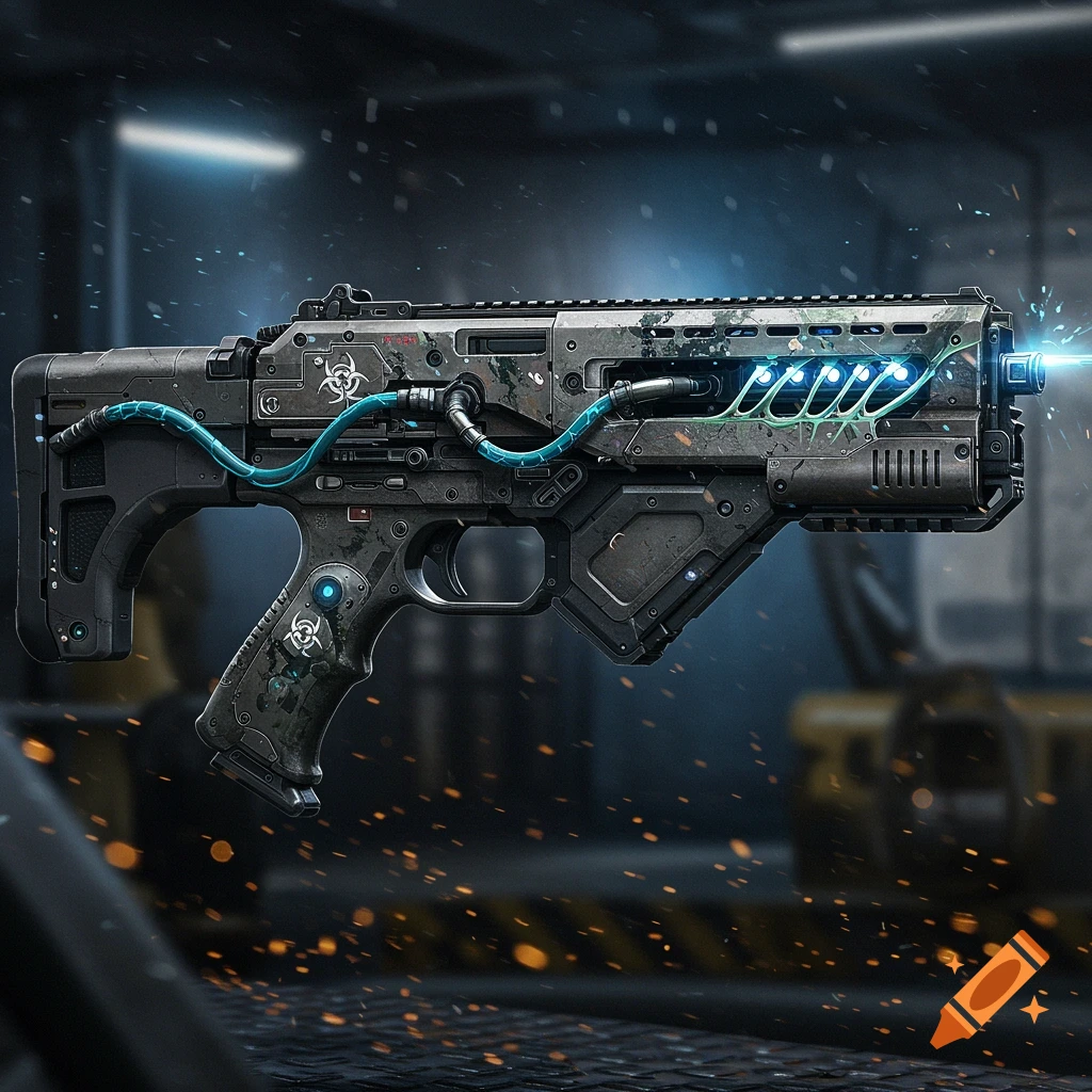 A futuristic sci-fi gun with biohazard symbols and glowing blue energy.