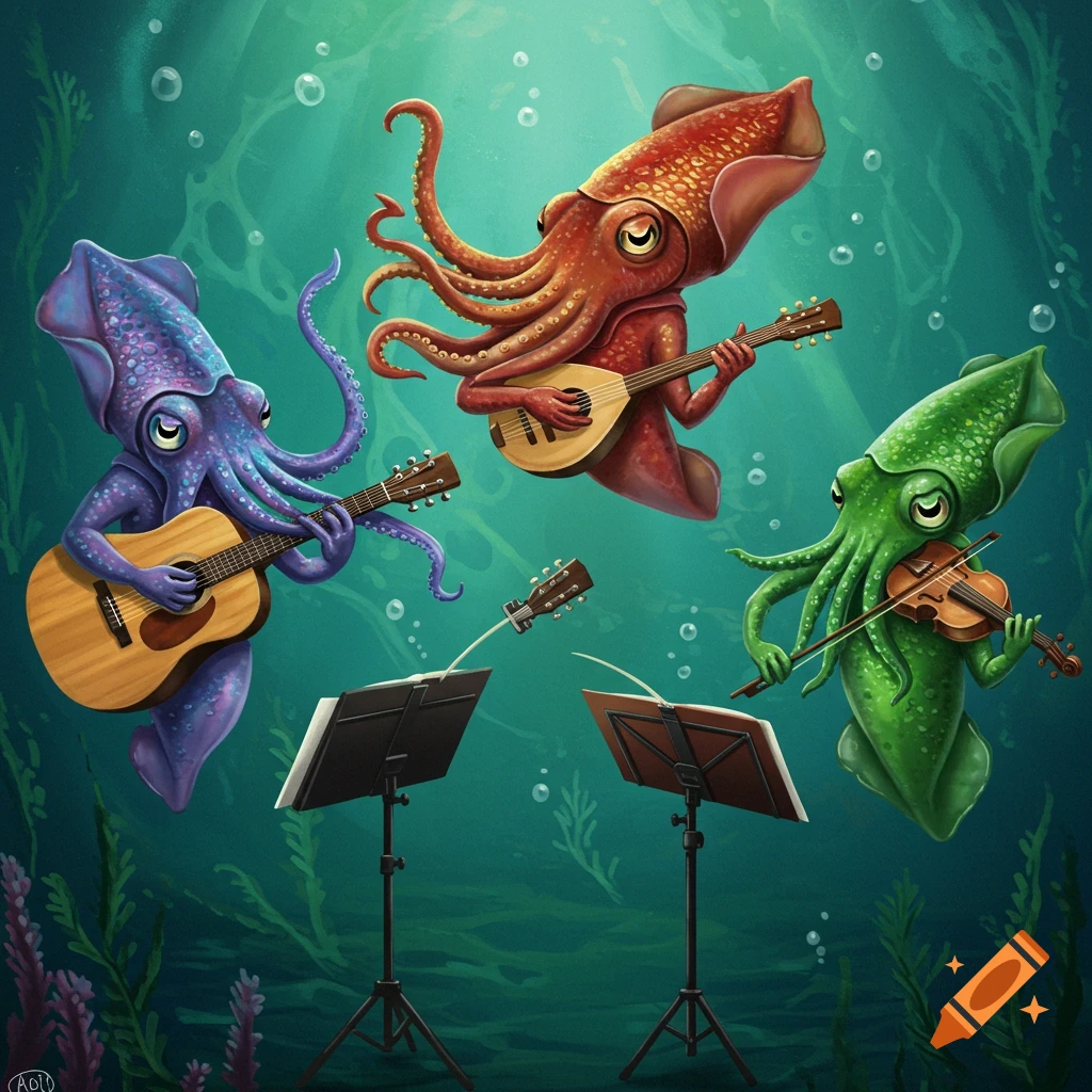 Colorful cuttlefish playing guitar, mandolin, and fiddle underwater