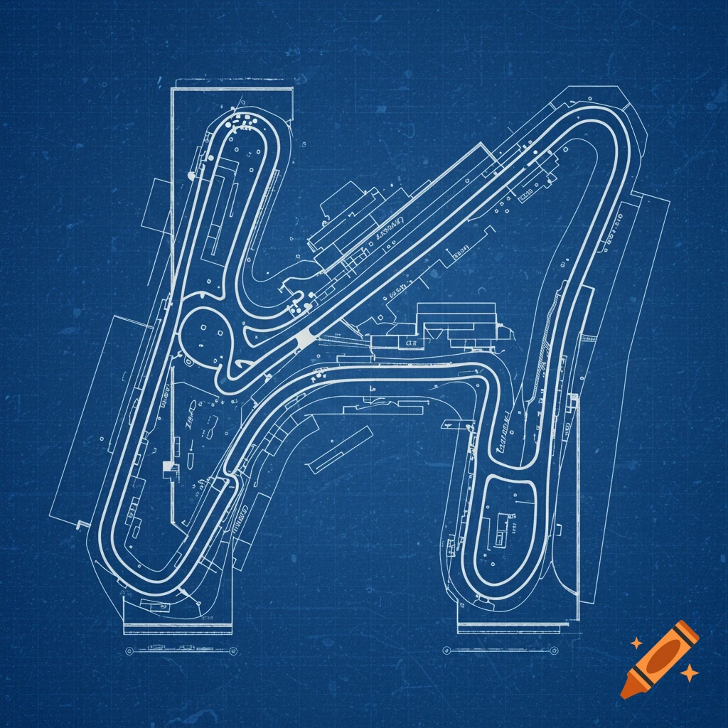 Blueprint of a racetrack shaped like the letter H
