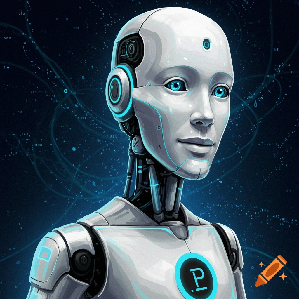 A futuristic white robot portrait with blue glowing accents and a tech background.