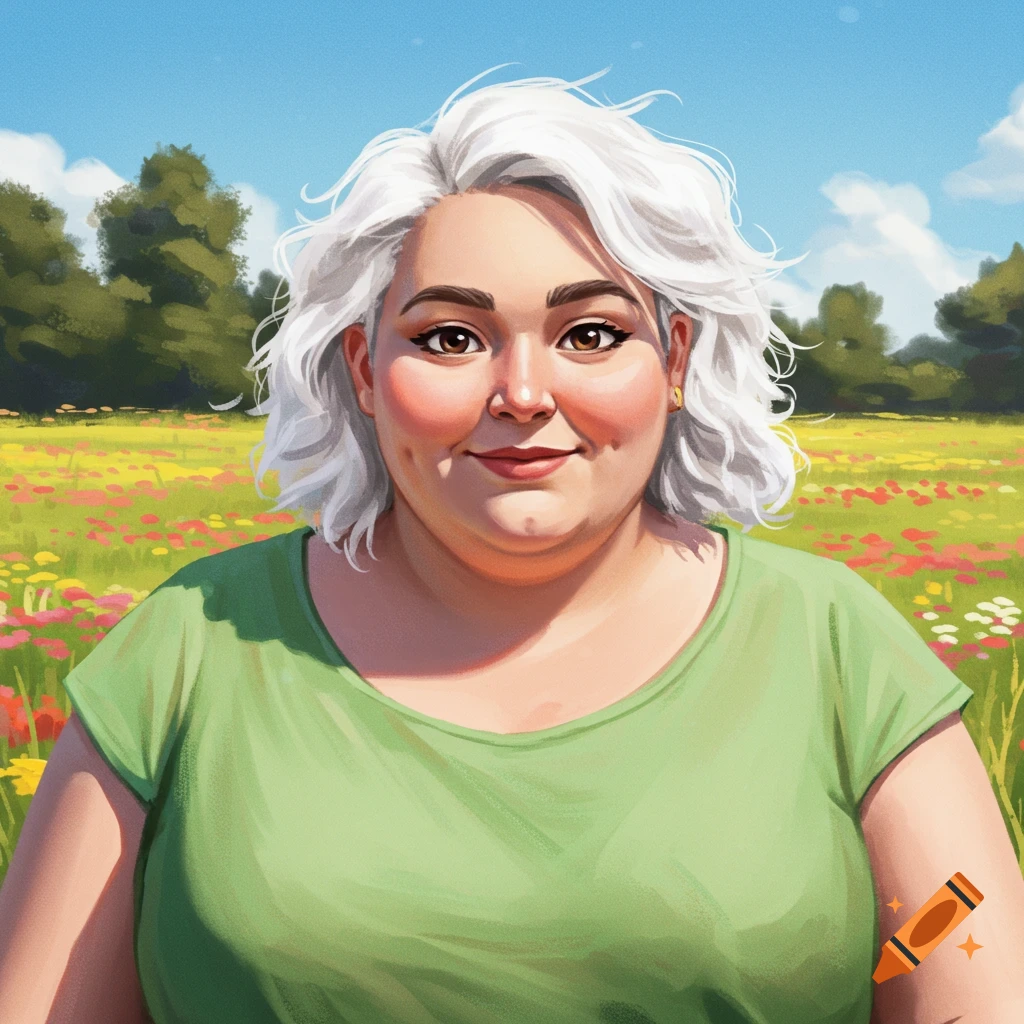 A person with white hair in a green shirt standing in a field of flowers.