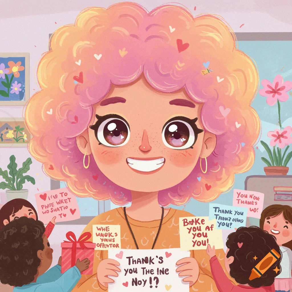 Children's illustration of a smiling teacher with pink hair surrounded by cheerful students holding notes and gifts.
