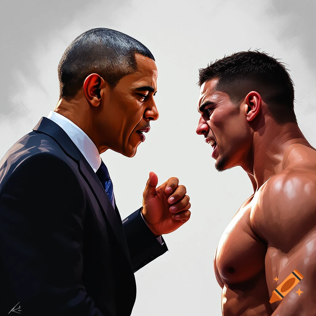 Barack Obama and Cody Rhodes facing each other aggressively in a wrestling promo style.