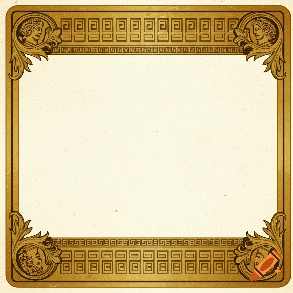 Golden decorative frame with Greek patterns and profile portraits on a textured background.