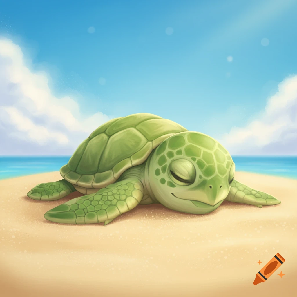 A cute green turtle sleeping on a sandy beach