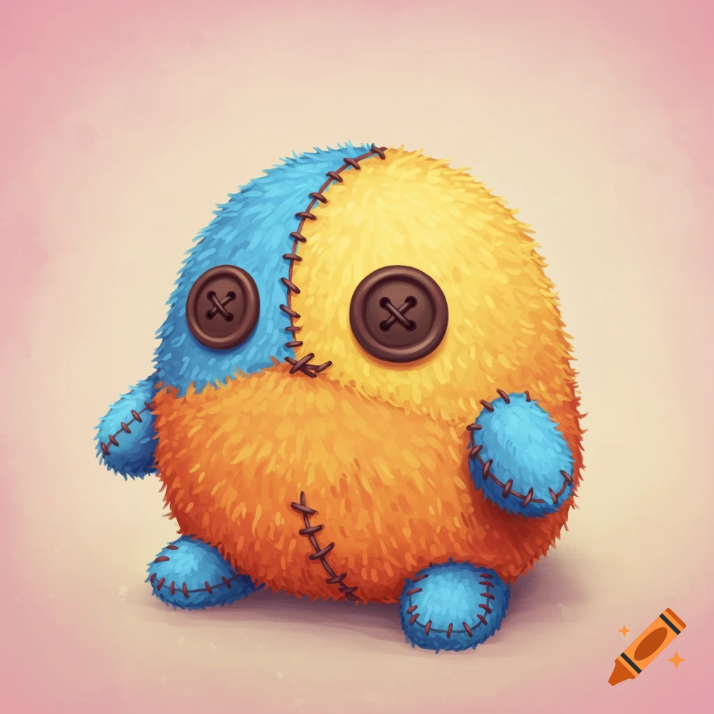 A cute, plush roly-poly toy in blue and orange sections with button eyes and visible stitching.