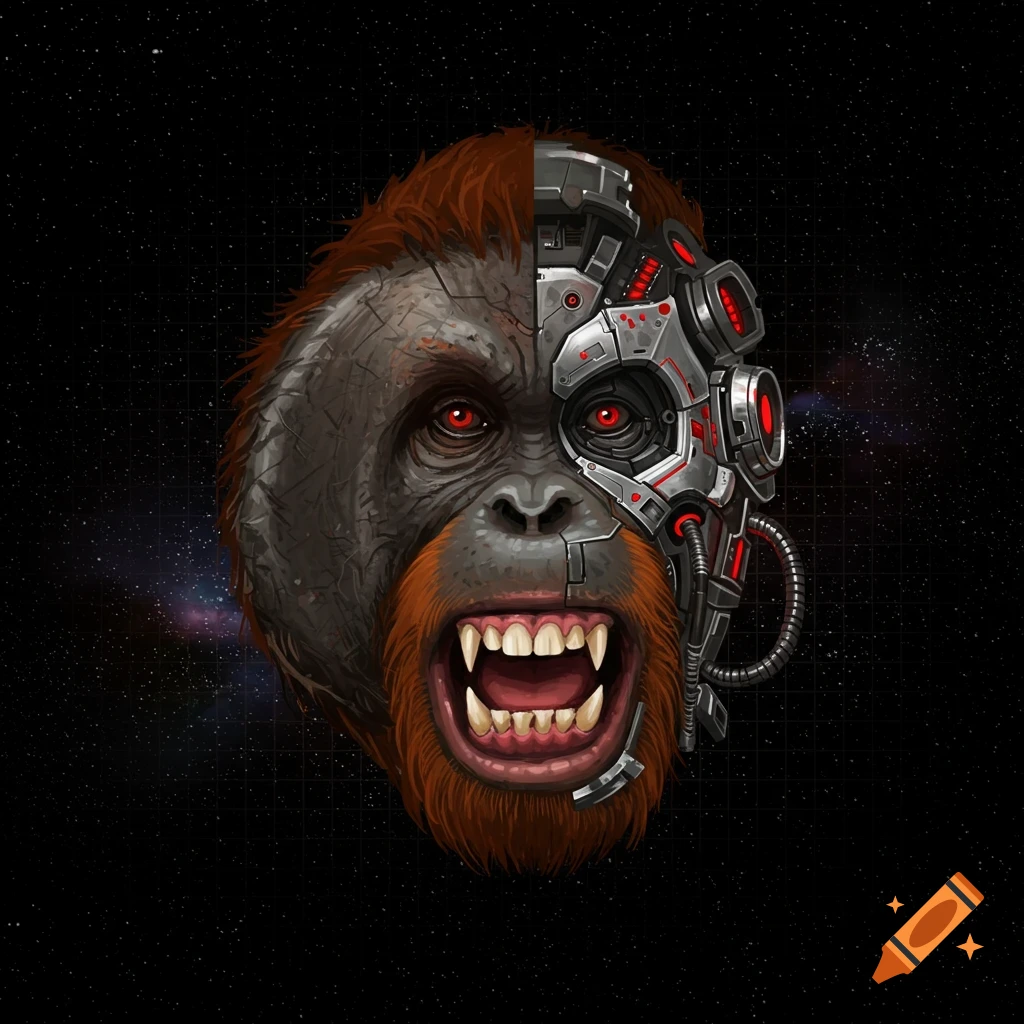 The head of an angry cyborg orangutan, with half of its face mechanical, floats in the void of space.