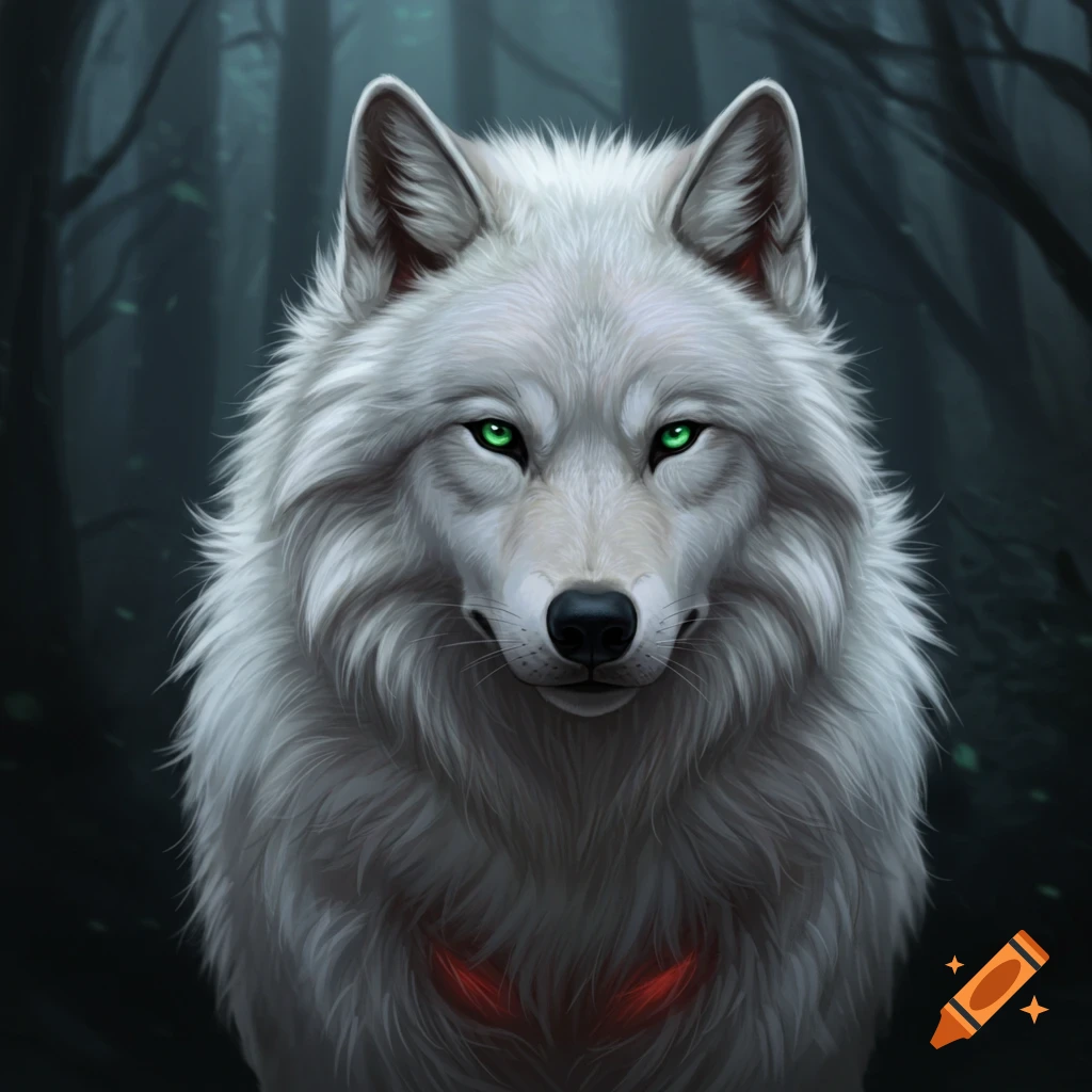 A white wolf with glowing green eyes in a dark forest.