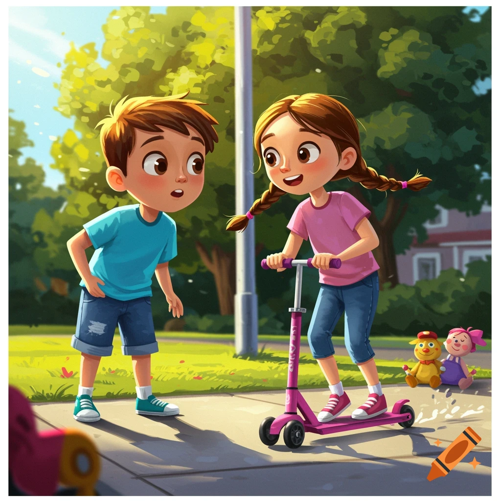 A young boy watches a girl ride a pink scooter on a sidewalk in a park, in a vibrant, childlike style.