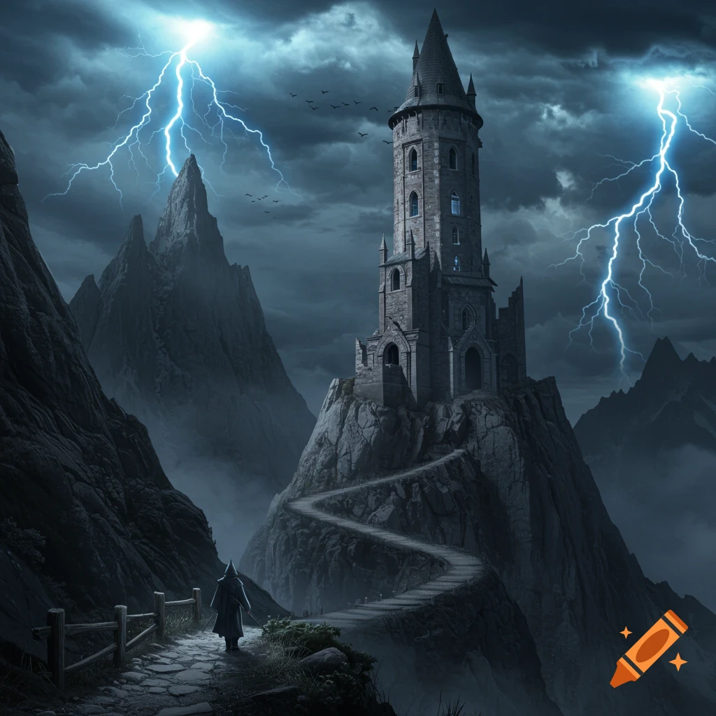 Illustration of a tall tower on a rocky mountain during a lightning storm, with a figure walking on a path.