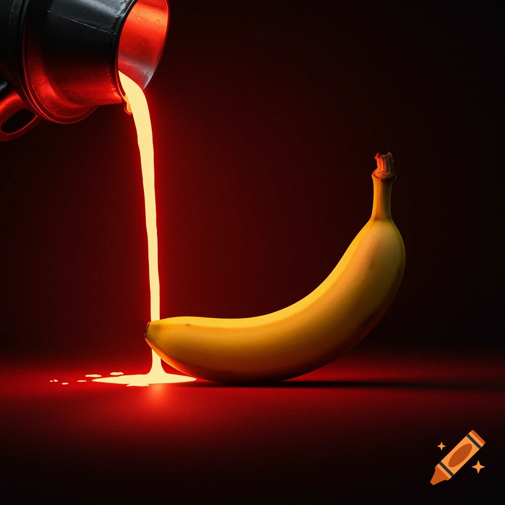 Molten liquid pours from a dark vessel onto a banana in a surreal, dark environment lit by red light.