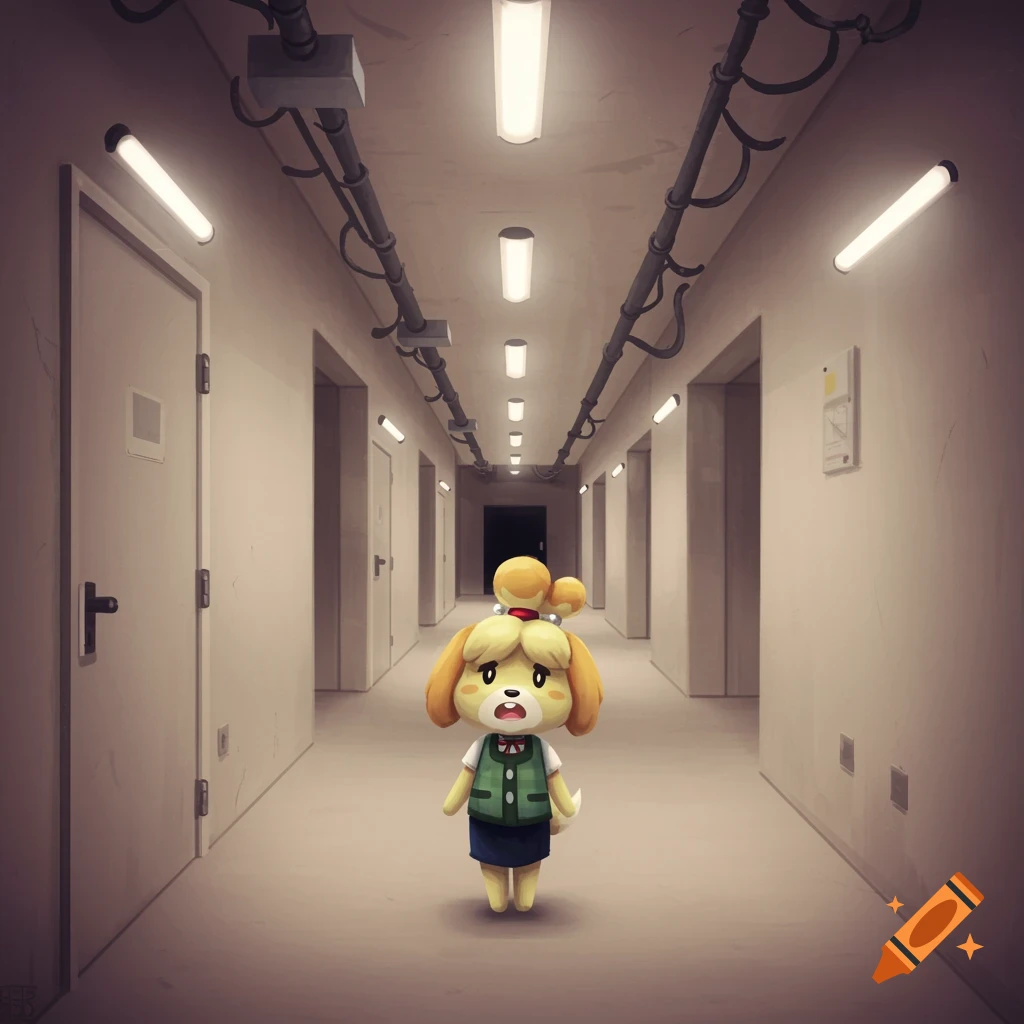 Isabelle from Animal Crossing stands alone in a dimly lit corridor resembling the Backrooms, looking worried.