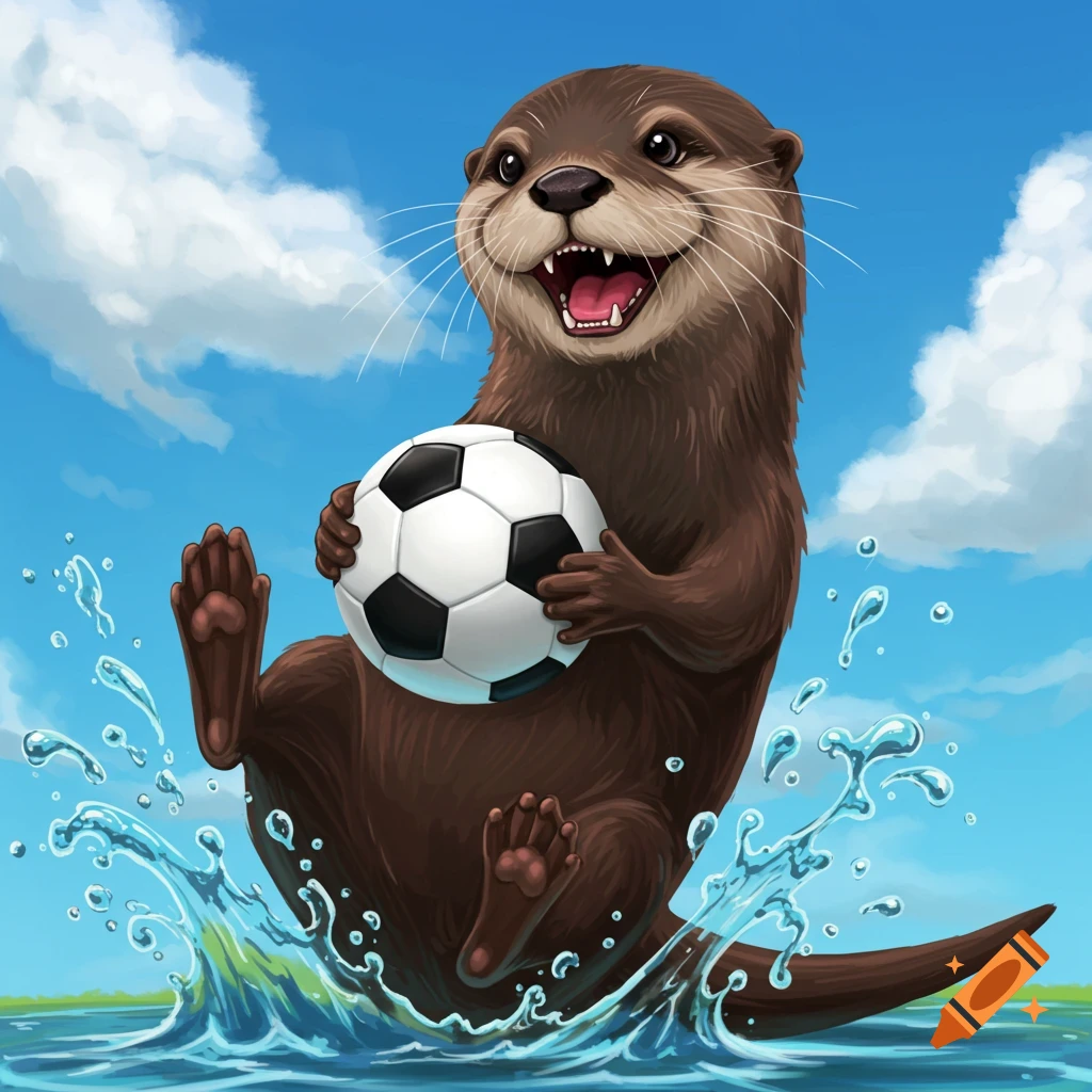 A playful otter splashing in water and holding a soccer ball.