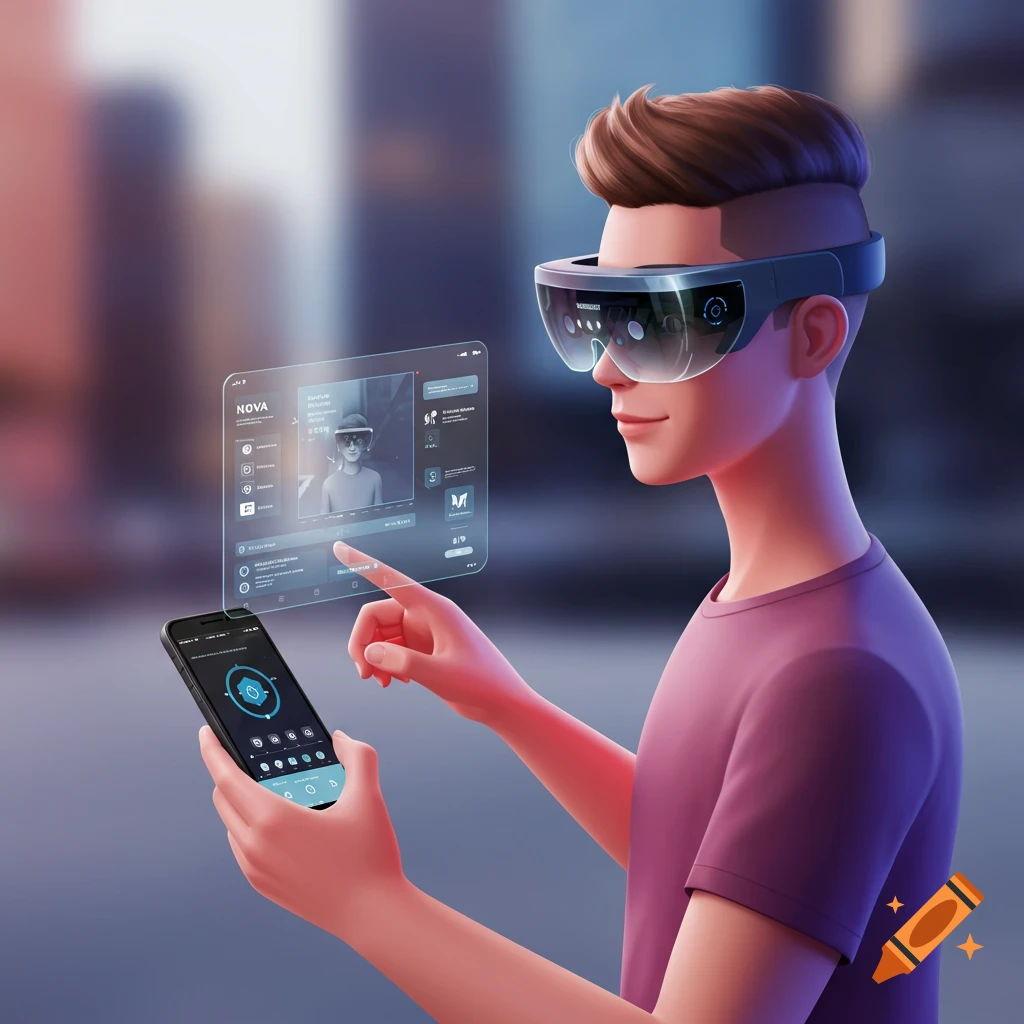 Person wearing AR glasses interacting with holographic display and phone in digital art style.