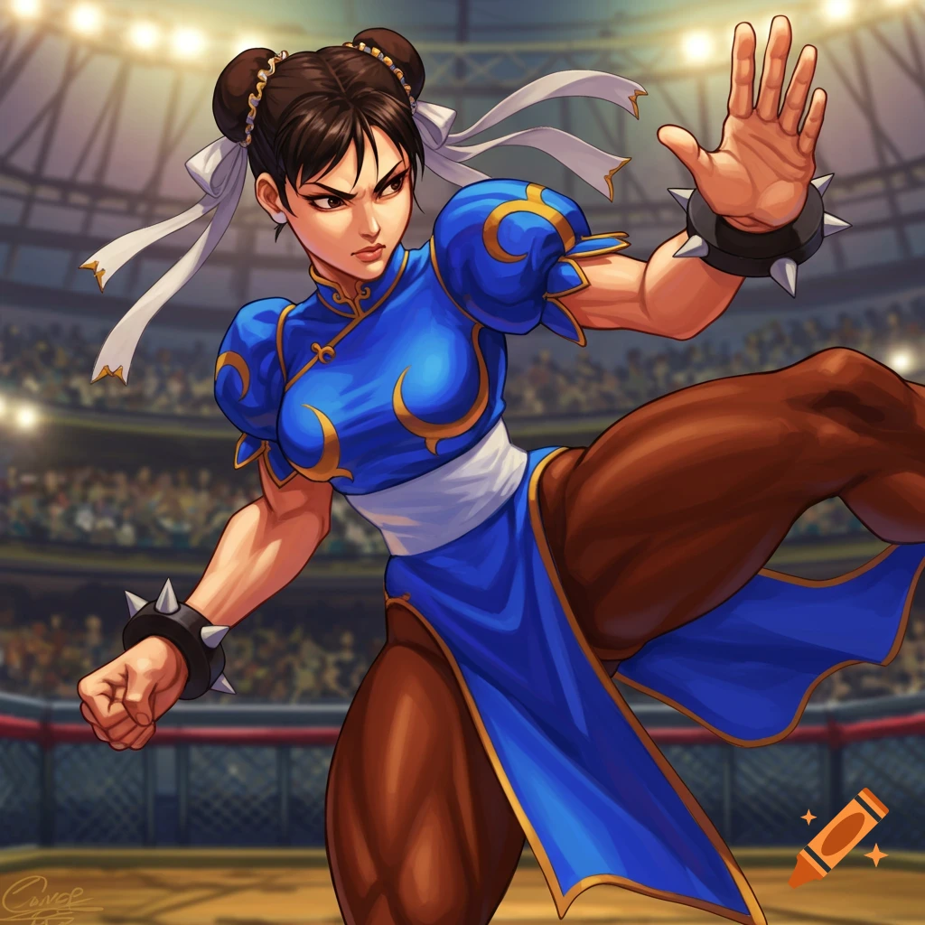 Chun-Li doing a high kick in a fighting arena.