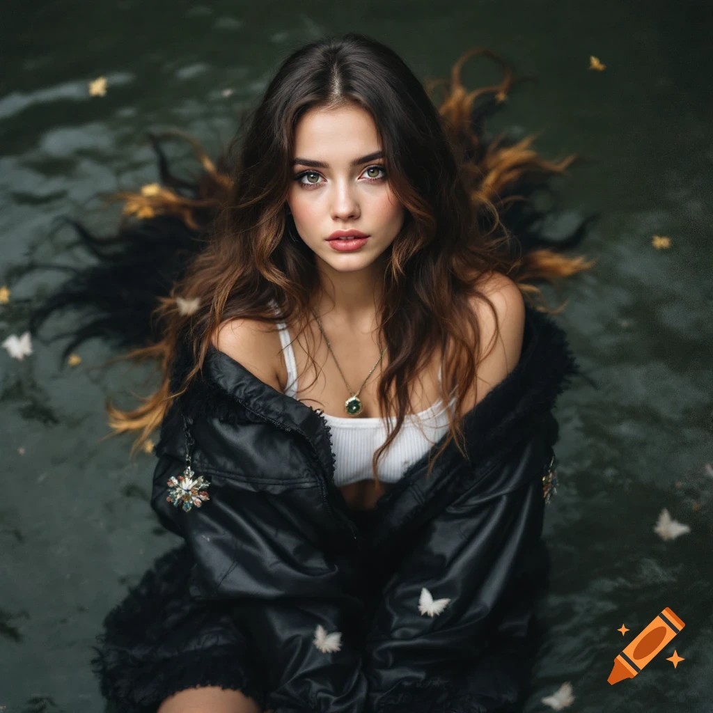 A woman with long brown hair sits in water wearing a white top and black jacket with butterflies.