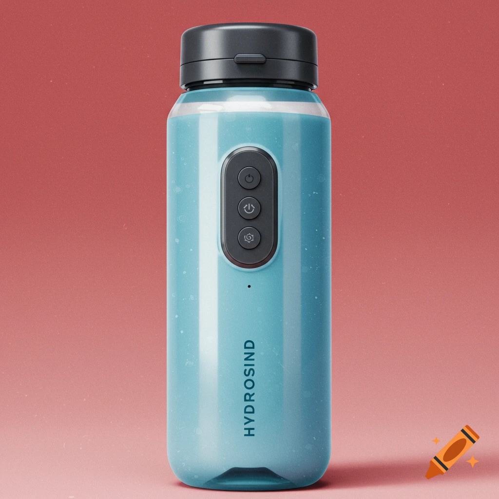 A blue water bottle with grey buttons and text on a red background.
